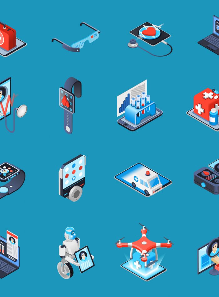 Digital medicine isometric icons with electronic devices, robotic technologies, online consultation isolated on turquoise background vector illustration